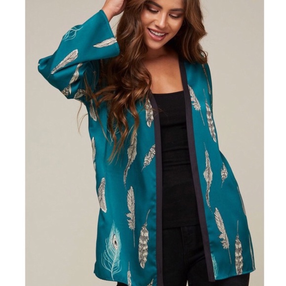 Teal Boho Feather Print Kimono Cardigan - Picture 3 of 7